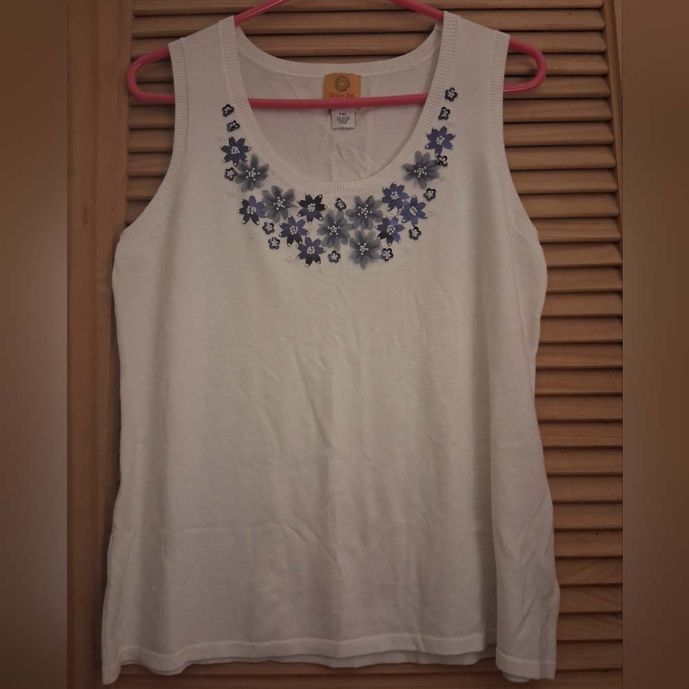 Ruby Rd. White Tank Top with Blue Floral Design